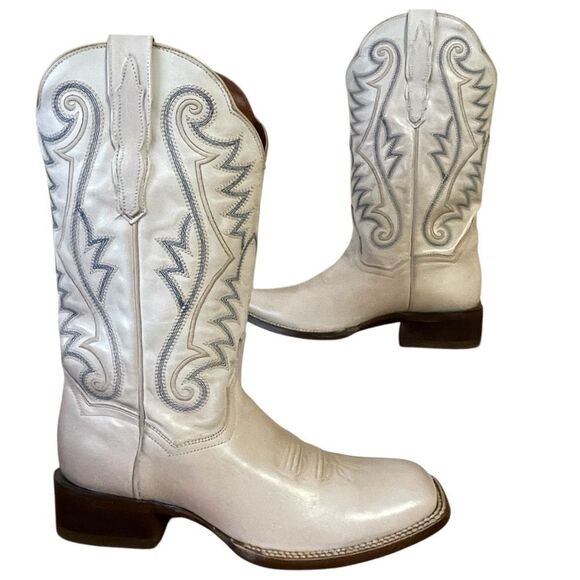 Dan Post Women’s Sugar White Square Toe Leather Cowgirl Boots 5864 Cream Blue - Picture 1 of 13